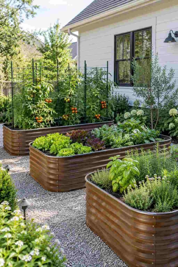 Raised garden beds in steel frames with vegetables and herbs