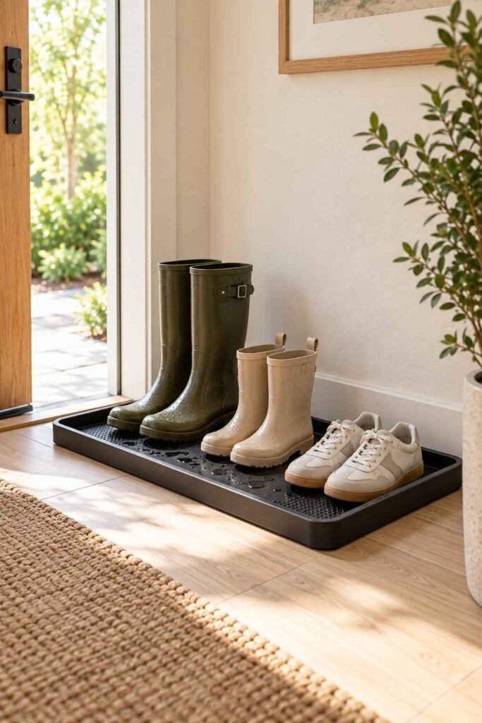 Rubber boot tray with a raised lip holding rain boots and sneakers by the entryway door.