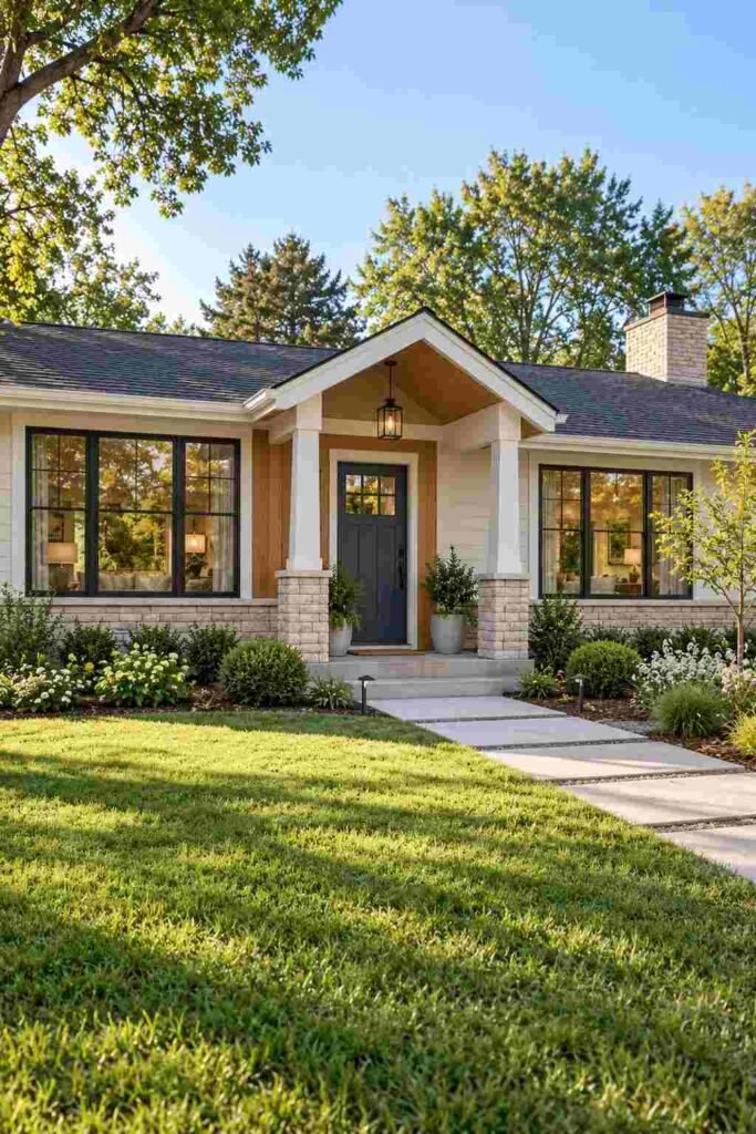 Rambler exterior with a new gabled porch, siding, and windows.