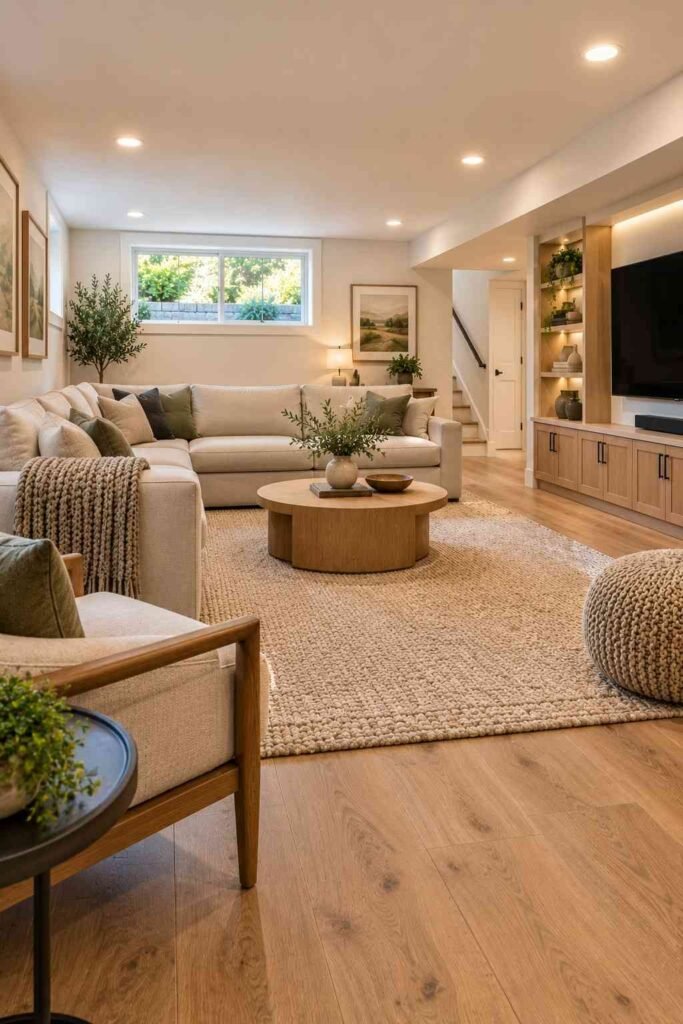 Finished basement family room in a rambler home.