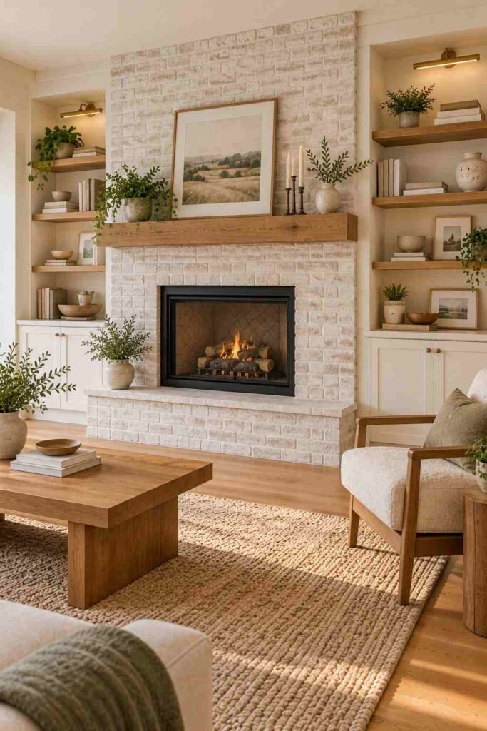 Painted brick fireplace with built-in shelves in a rambler living room.