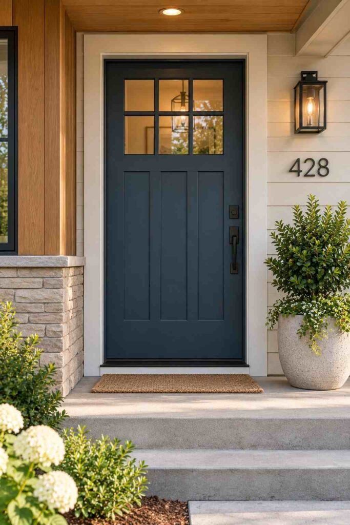 Deep blue front door on a remodeled rambler.