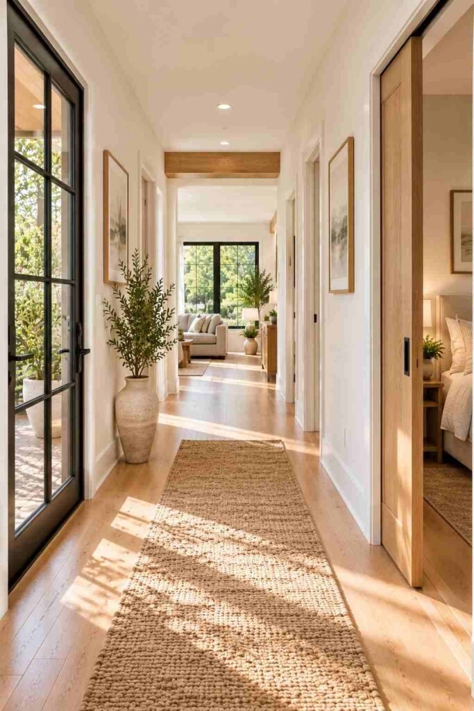 Hallway in a remodeled rambler with glass and pocket doors.