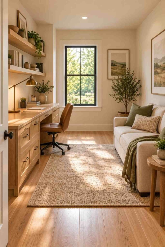 Compact home office corner with a desk and small couch in a rambler.