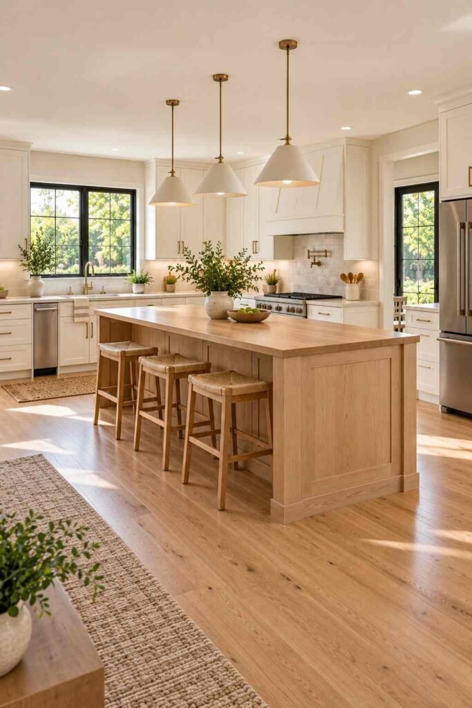 Kitchen island with stools and ample walking space in a rambler.