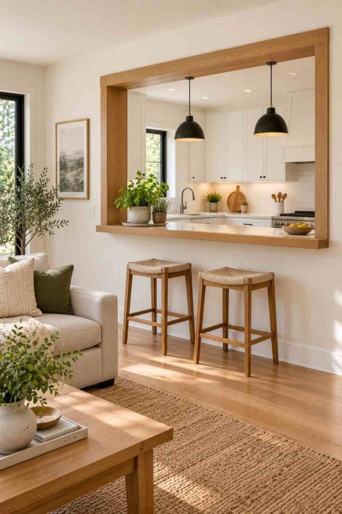 Kitchen pass-through with a wood counter ledge in a rambler home.