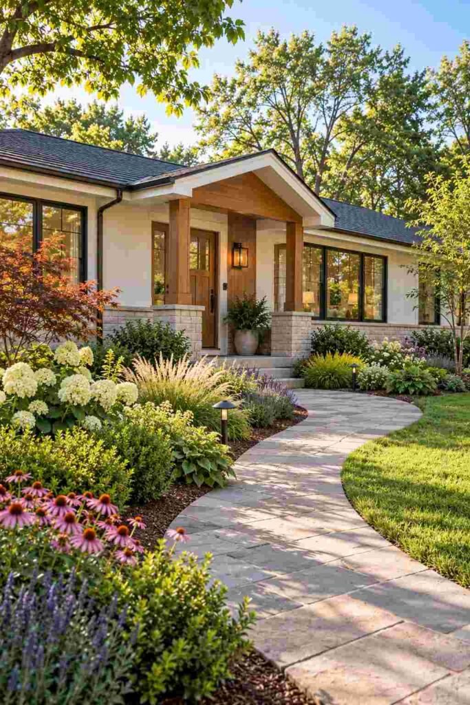 Layered landscaping in front of a single-story rambler.