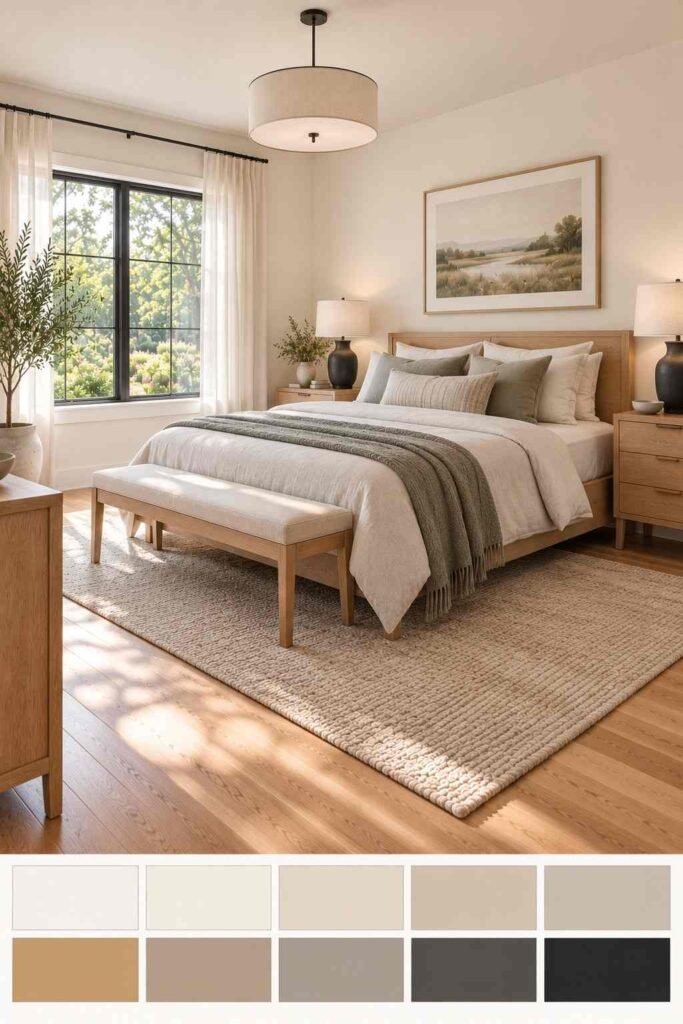 Light natural primary bedroom in a remodeled rambler, with a color palette swatch strip below.