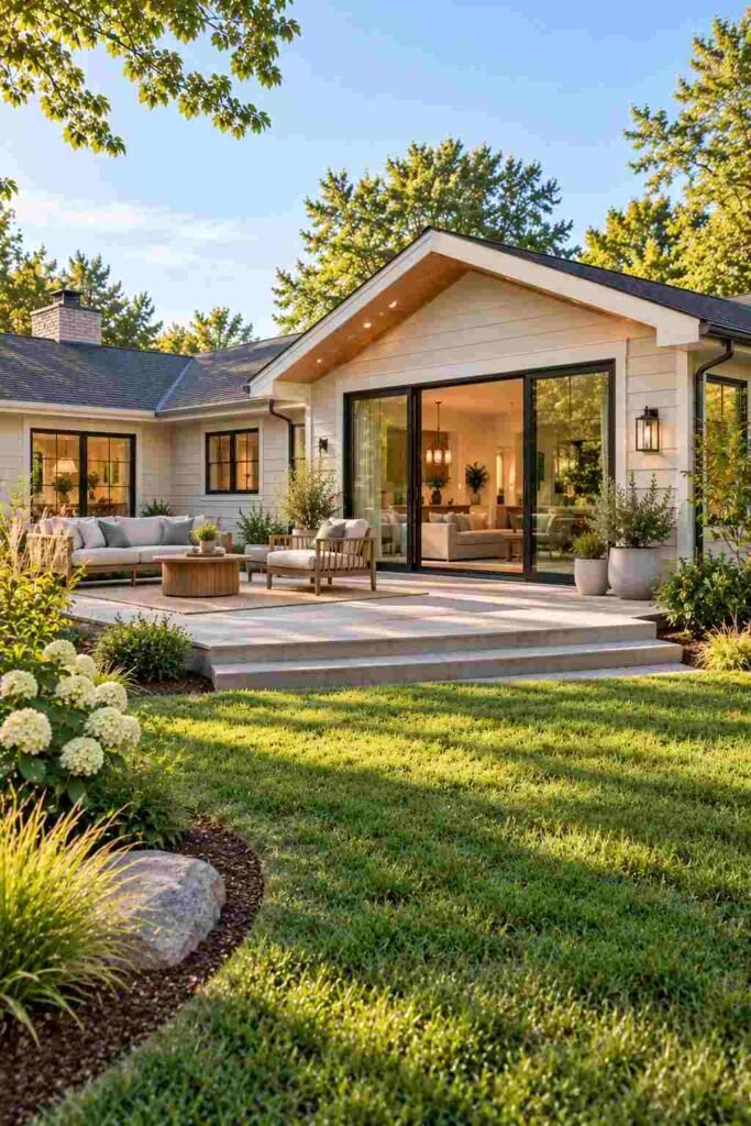 Rear addition with sliding glass doors on a rambler home.