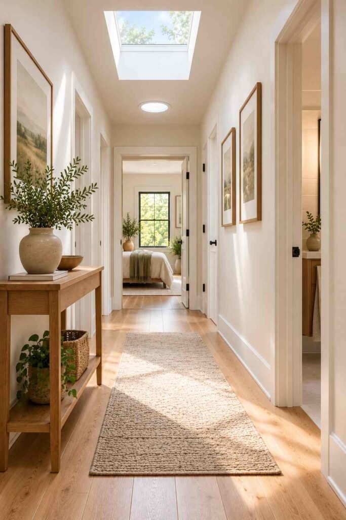 Skylight brightening a hallway in a rambler home.