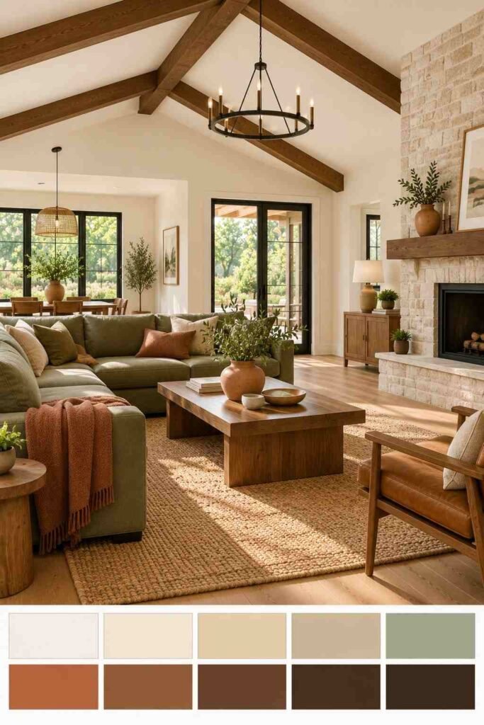Vaulted ceiling with walnut beams in a rambler living room, with a color palette swatch strip below.