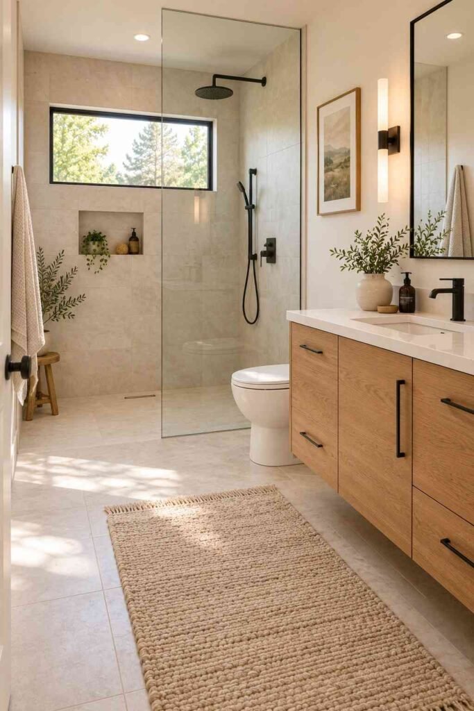 Curbless walk-in shower in a remodeled rambler bathroom.