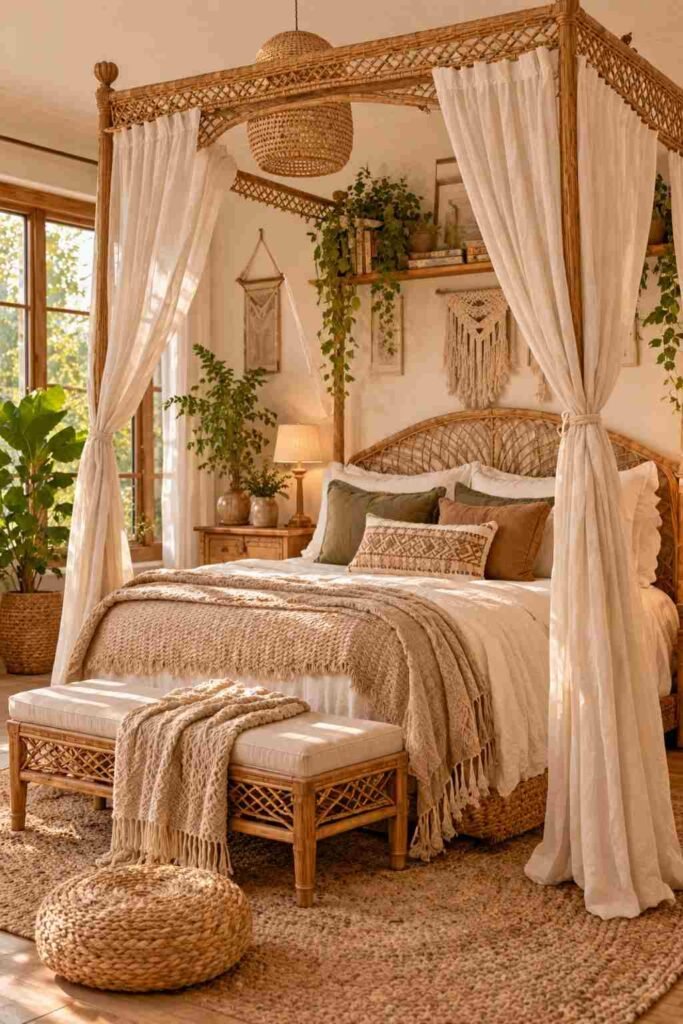 Rattan and cane canopy bed with light cotton drapes in a boho bedroom