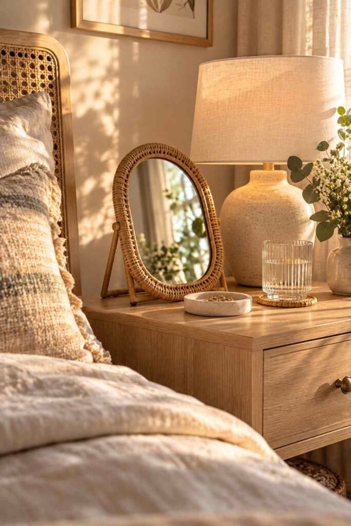 Rattan-framed standing mirror on a bedside table in a relaxed boho bedroom.
