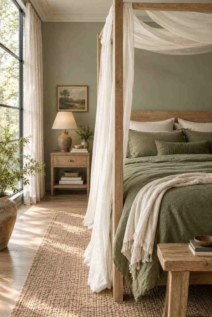 Raw oak four-poster canopy bed with visible wood grain, ivory linen drapes, and moss green bedding