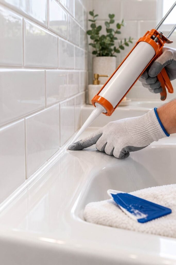 Gloved hand applying fresh silicone caulk between a white tub and subway tile during a bathroom update.