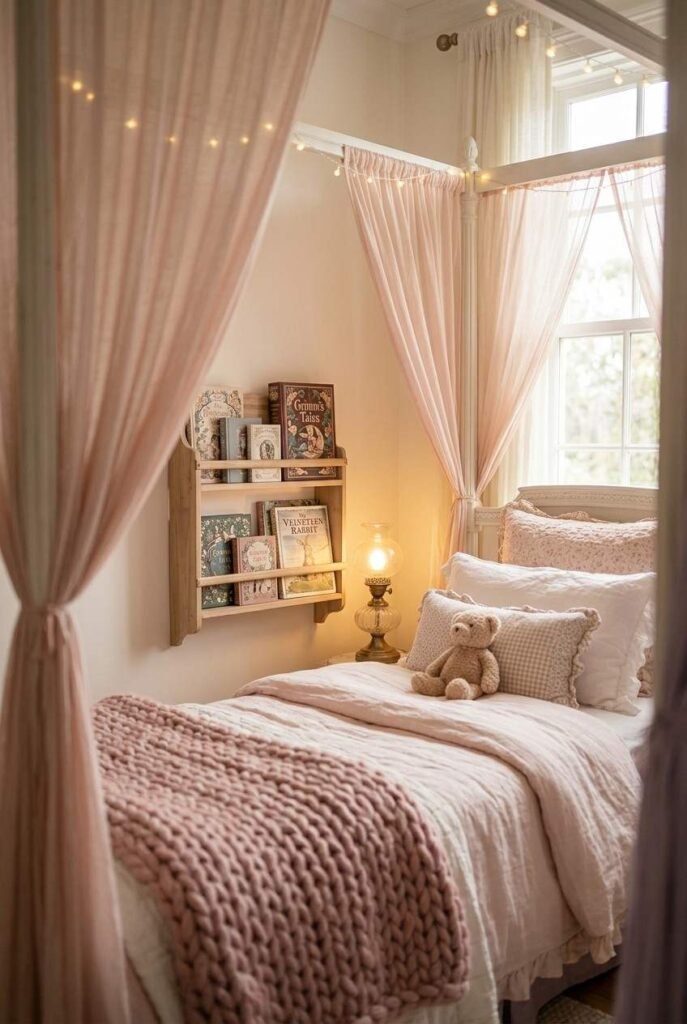 30 Canopy Bed Ideas for Princess Bedroom: Dreamy, Safe & Budget-Friendly 18 Reading nook canopy bed with storybook shelf and soft lamp light