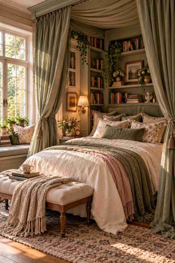Window-side canopy bed with built-in shelves forming a reading nook