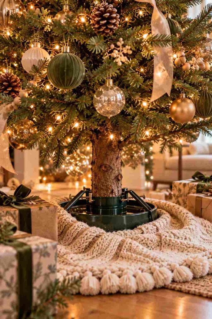 Fresh Christmas tree in a water-filled stand with LED lights.