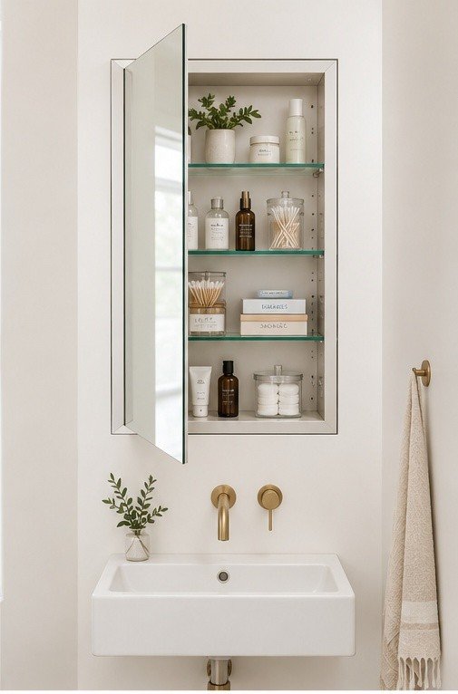 Recessed medicine cabinet with open mirrored door showing adjustable shelves in a narrow bathroom