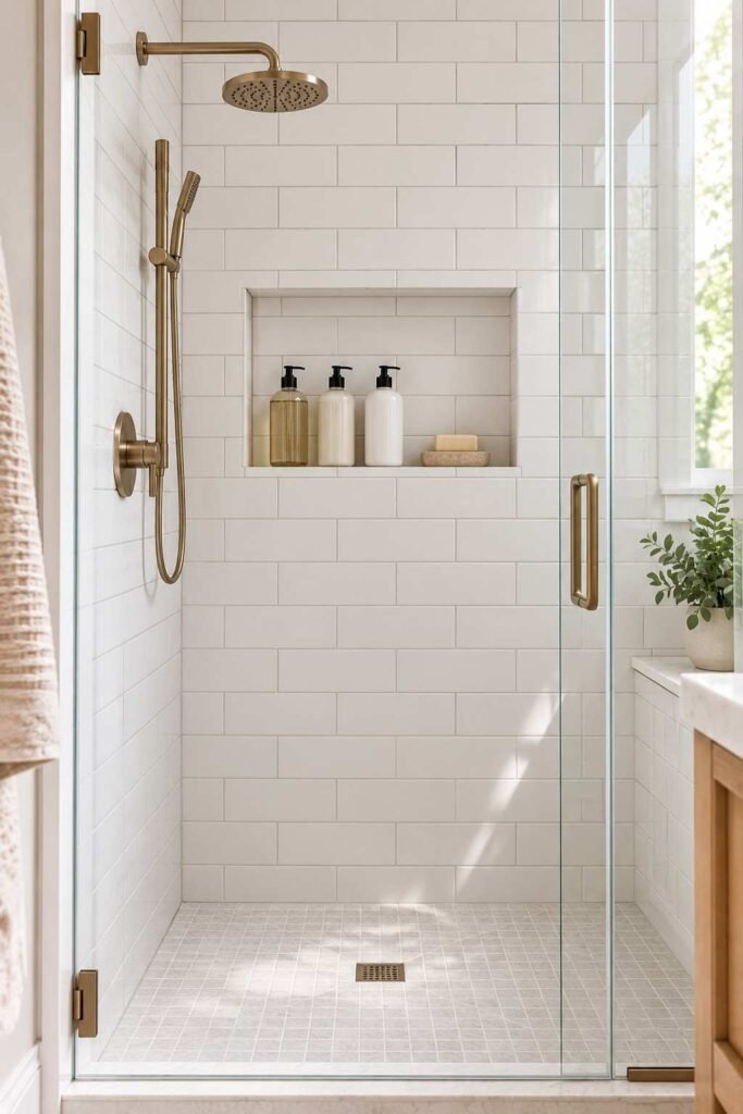 Recessed tiled shower niche holding shampoo bottles and soap.