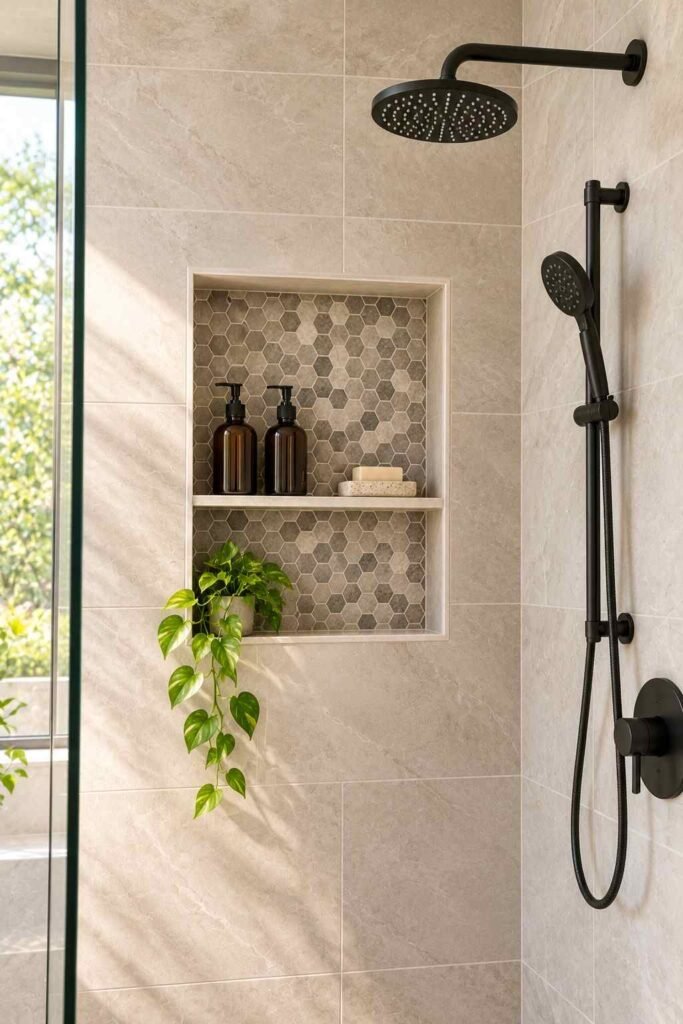 Recessed shower niche with mosaic tile holding shampoo bottles in a tiled shower wall.