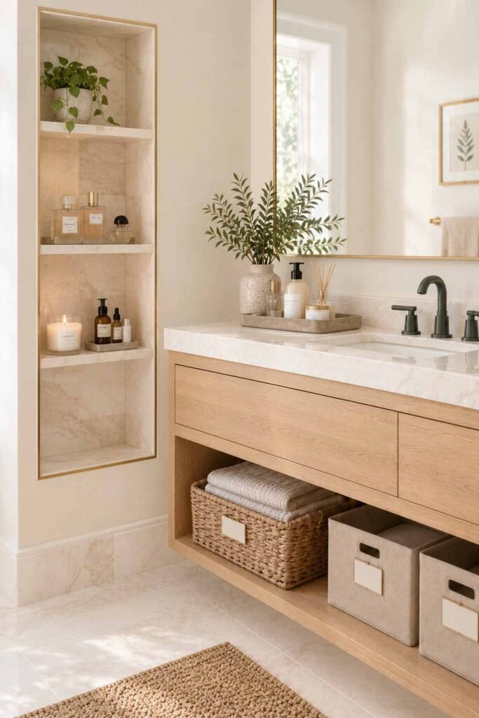 Bathroom Storage Ideas for Toiletries: 30 Smart Ways to Organize Every Space 11 Recessed tile niche holding small toiletries beside a bathroom vanity