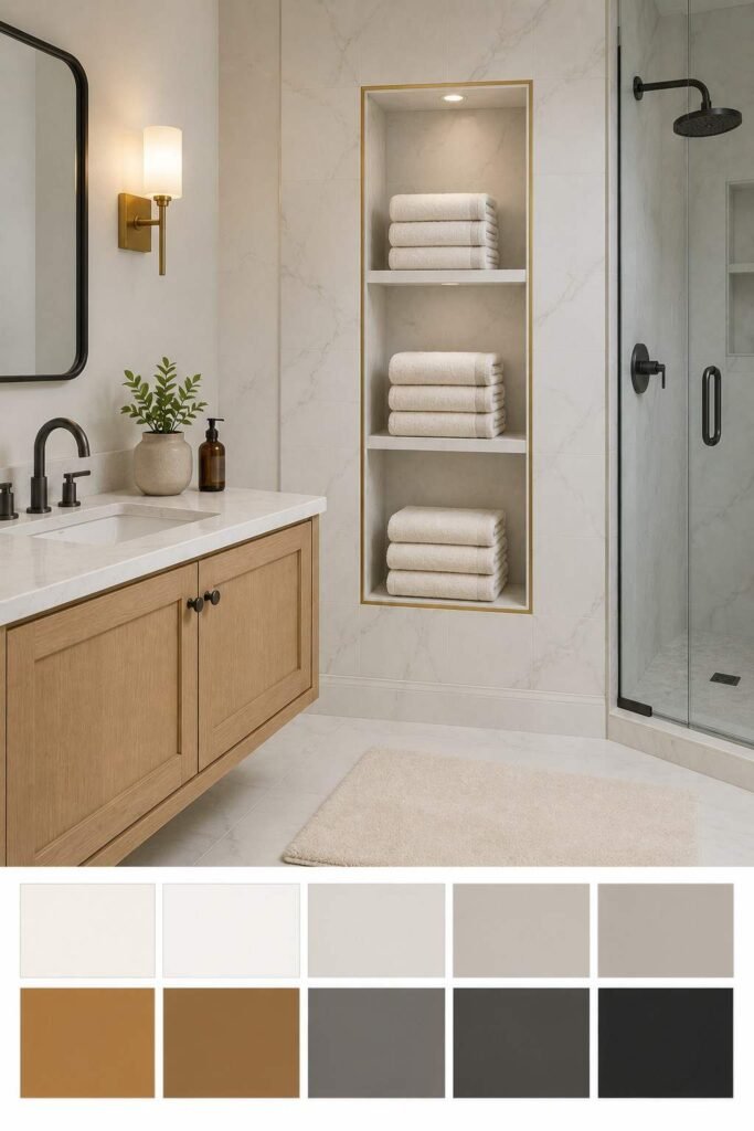 27 Bathroom Storage Ideas For Towels That Fit Into Tiny Powder Rooms to Primary Baths 16 Marble wall niche with stacked cream towels and brass trim, with a ten-color palette strip of whites, creams, brass, and charcoal below.