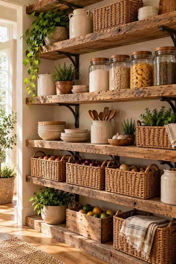 Open Shelving Pantry Kitchen Ideas: 30 Layouts, Storage Tricks and Styling Tips 5 Reclaimed barn wood pantry shelves with iron brackets and ceramic crocks.