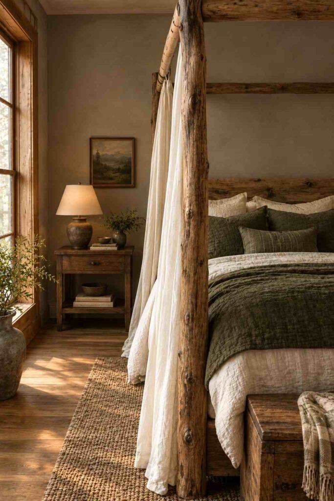 Reclaimed timber canopy bed with knotted wood and branch-style posts in a rustic woodland bedroom