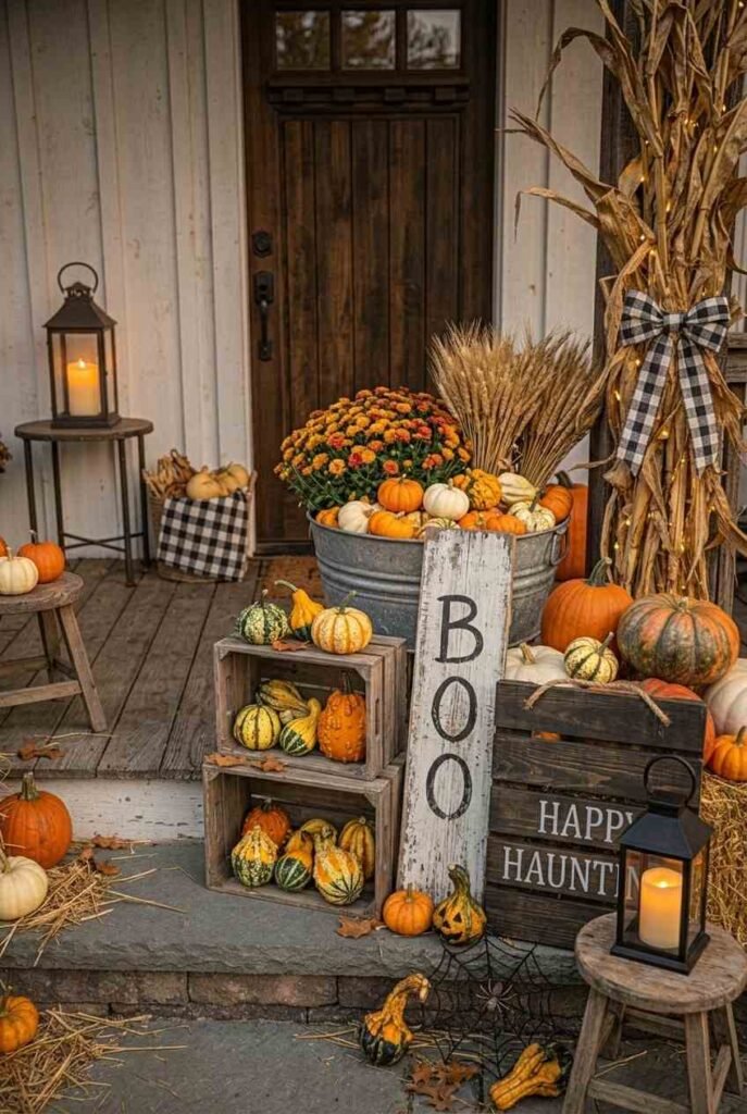 Whitewashed reclaimed wood Boo sign and dark pallet welcome board on a farmhouse porch.