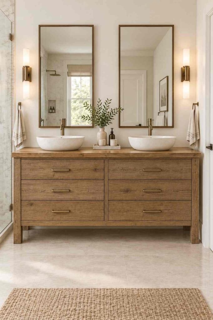 30 Bathroom Vanity Ideas For Double Sink Layouts for Every Style and Budget 10 Reclaimed wood double vanity with two stone vessel sinks and tall bronze faucets.