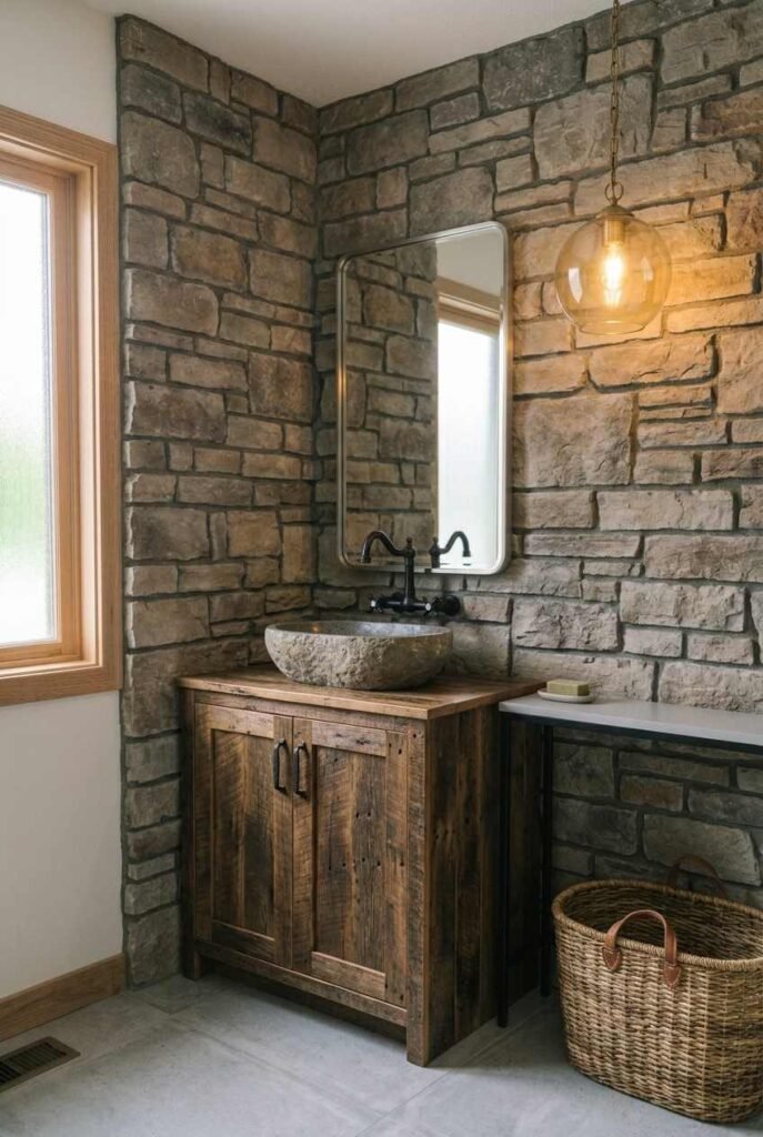 30 Bathroom Vanity Ideas: Single Sink for Small, Medium, and Large Spaces 9 Reclaimed wood single sink vanity with vessel basin and iron faucet