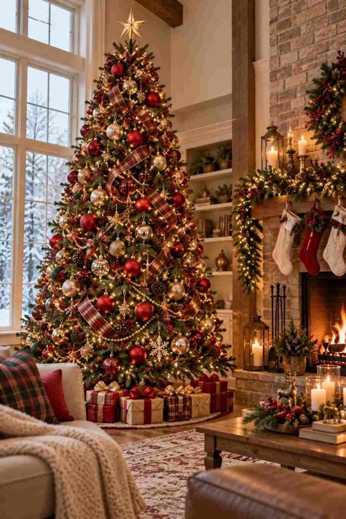Red and gold Christmas tree with plaid ribbon beside a fireplace.
