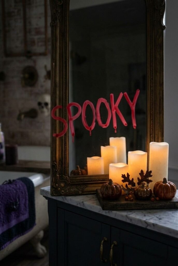 Red marker message written on a bathroom mirror as an easy Halloween bathroom prank