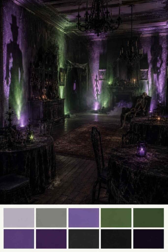 28 Halloween Party Decorations Scary Enough to Terrify Every Guest 17 Haunted party room with purple and green floor lighting, shown with a ten-swatch color palette strip along the bottom.