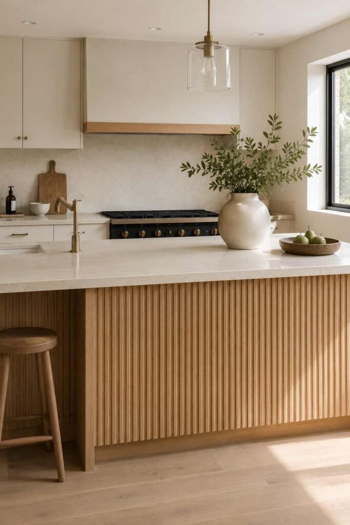 Kitchen island with reeded fluted oak wood panels