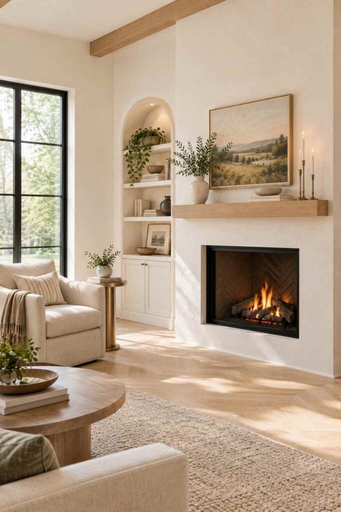 25 Stunning Home Remodeling Living Room Ideas to Refresh Your Space 19 Updated fireplace with a smooth plaster surround and a simple oak mantel.