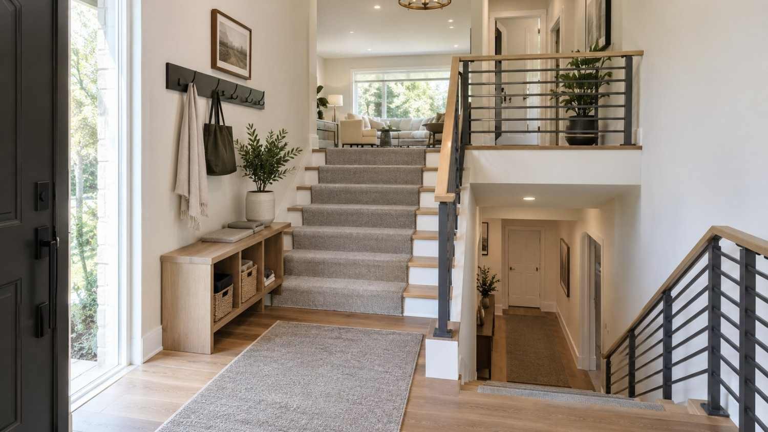 Renovated split foyer entry with open railing, blonde wood treads