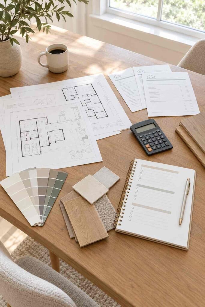 Floor plans, contractor quotes, and material samples laid out to plan a split foyer remodel