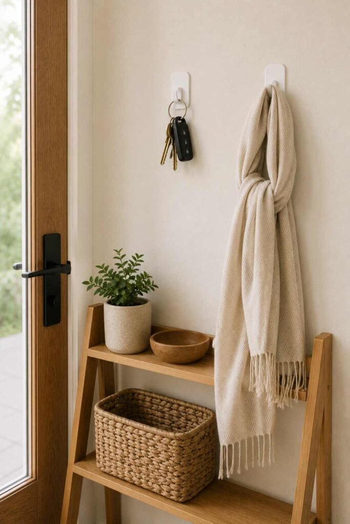 30 Smart Entryway Organization Wall Ideas: for Hooks, Shelves & Storage 19 Adhesive wall hooks holding keys and a scarf on a rental apartment wall with no drilling