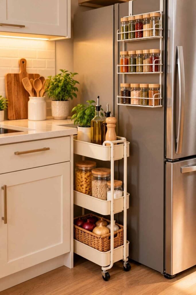 Open Shelving Pantry Kitchen Ideas: 30 Layouts, Storage Tricks and Styling Tips 19 Slim rolling cart and over-the-door rack adding pantry storage in a small kitchen.