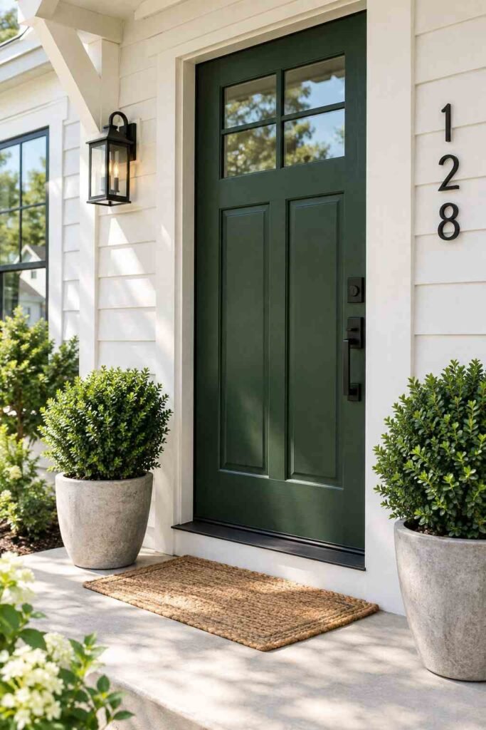 Deep green front door with black hardware on a remodeled home entry