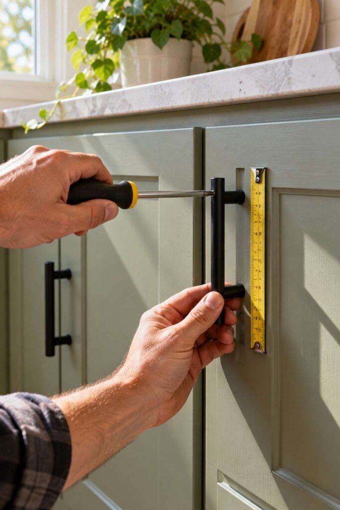 Hand installing a new matte black pull on a painted kitchen cabinet.