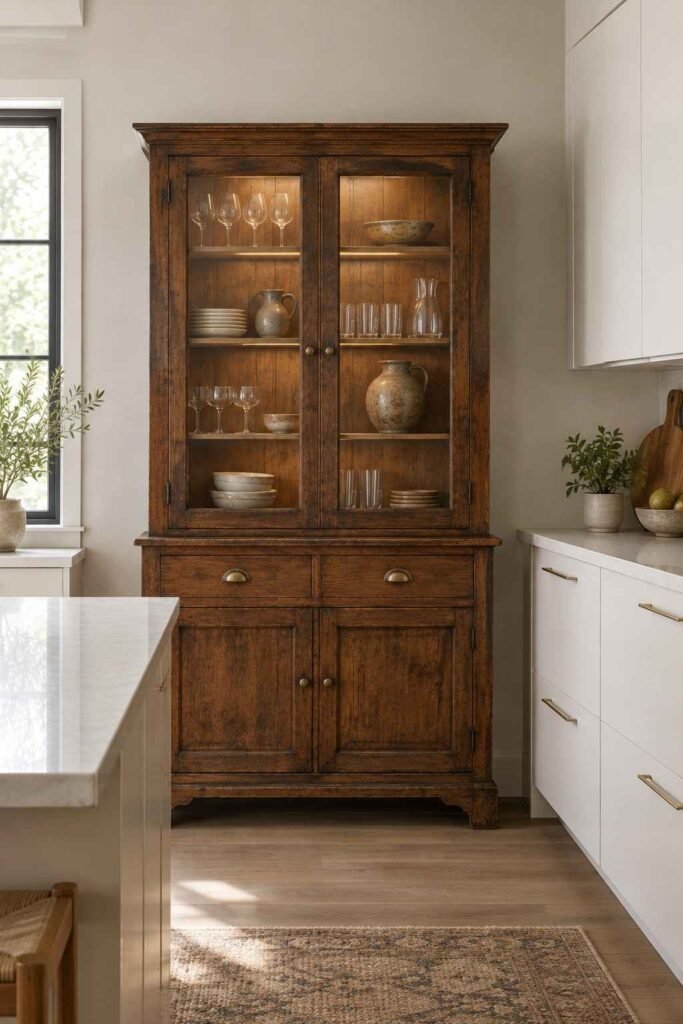 Restored antique hutch with interior lighting used as a pantry in a modern kitchen