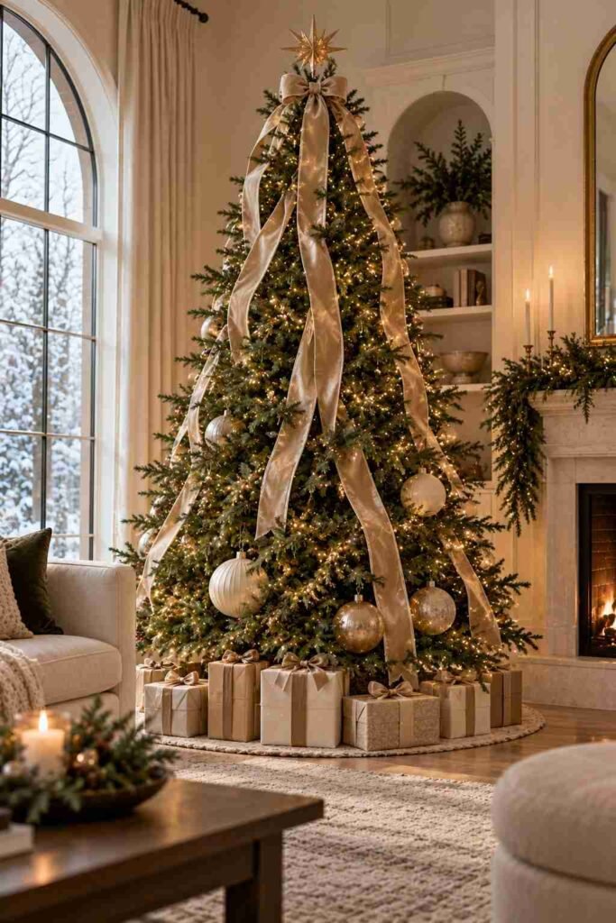Christmas tree with wide ribbon waterfall and few ornaments.