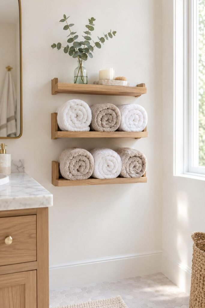 Two-tier wall rack holding rolled white and sand towels in a spa-style bathroom