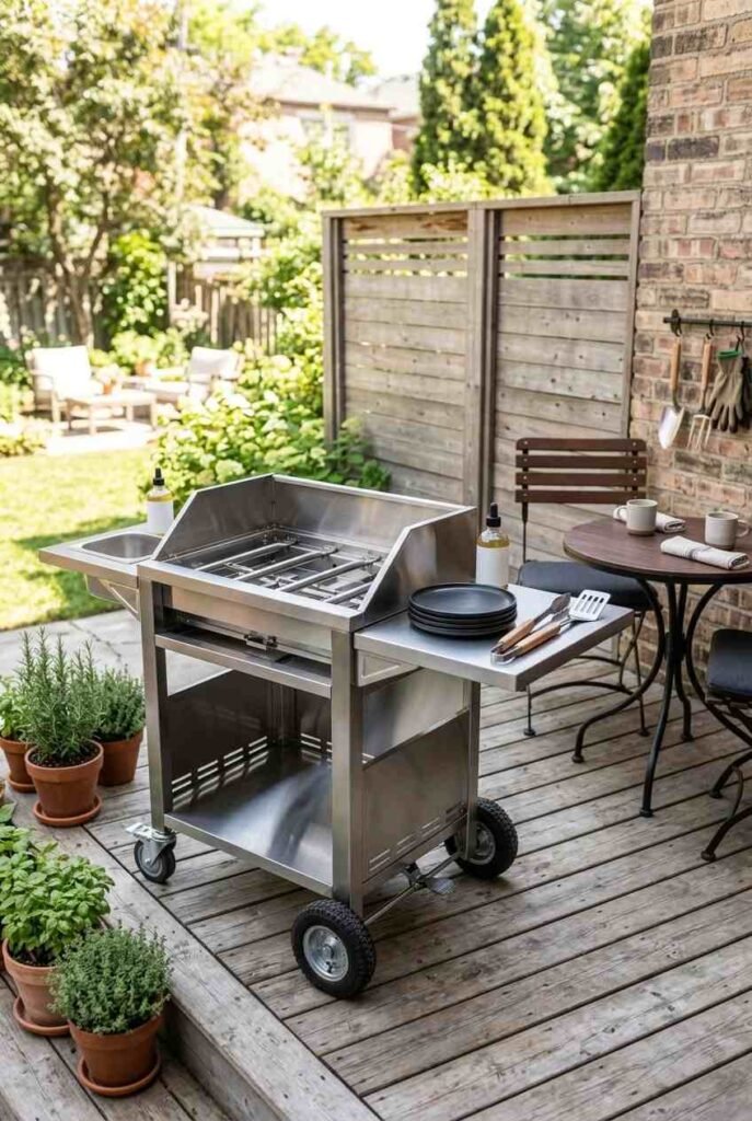 Rolling stainless steel grill cart on a compact patio next to a bistro table.