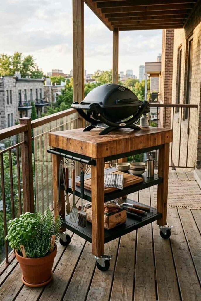 Semi-Outdoor Kitchen Ideas: 30 Covered Designs for Patios, Porches, and Balconies 11 Rolling outdoor kitchen cart with butcher-block top on a small covered balcony