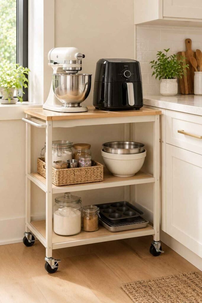 Rolling kitchen cart with a stand mixer and air fryer on top